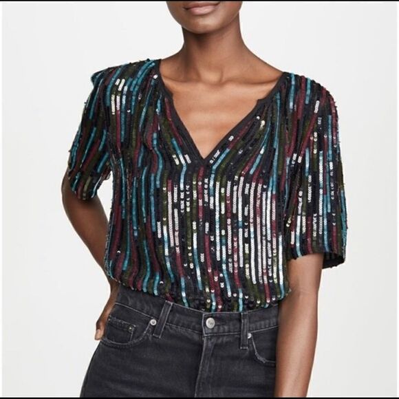 Velvet by Graham and Spencer Nikky Multicolor Sequin Short Sleeve Top small - Picture 1 of 7